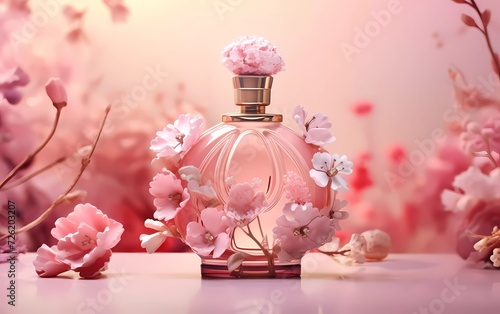 3d illustration of elegant glass bottle containing women's perfume on fresh astromeria background. aroma presentation. generative ai photo