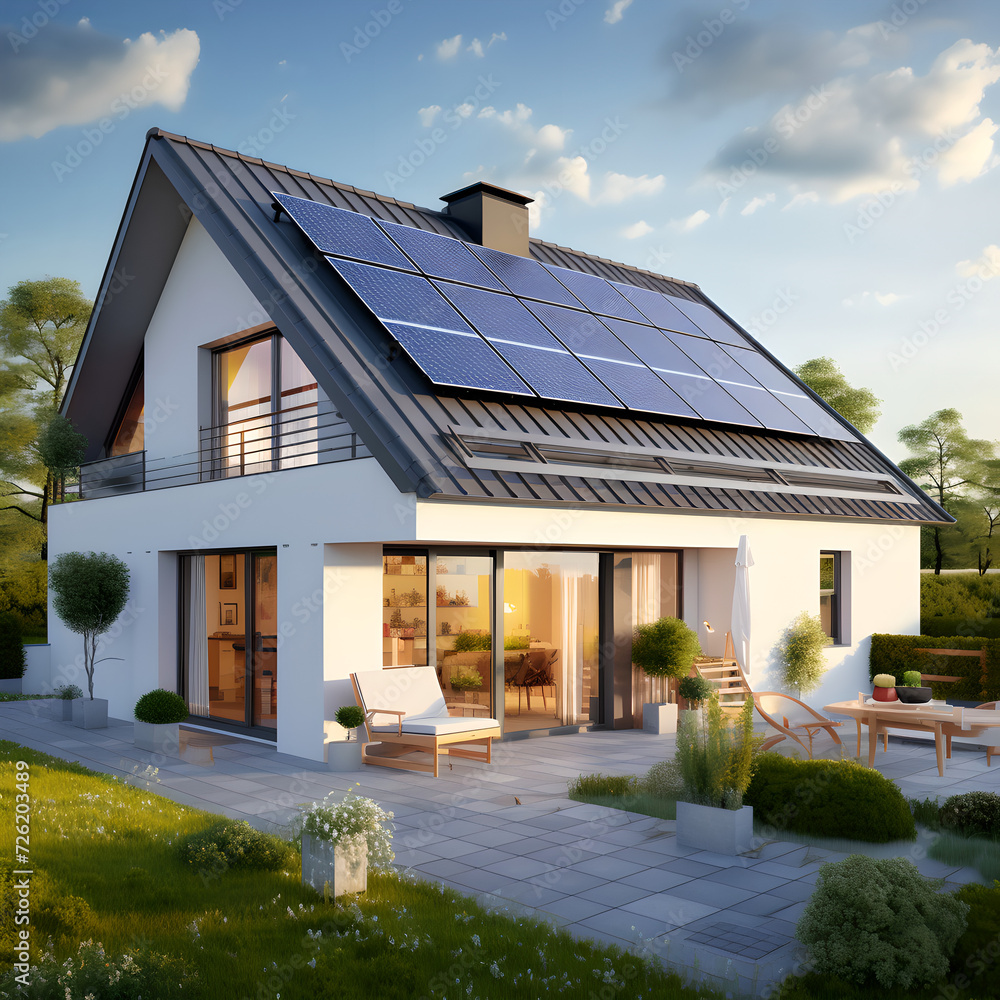 Fototapeta premium A modern eco-friendly passive house with a photovoltaic system on the roof, solar panels on the gable roof, and a landscaped yard. New suburban house