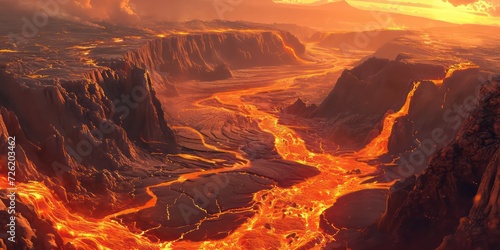 Close-up view of Earth's surface, where fiery lava rivers carve their way through the rugged terrain.