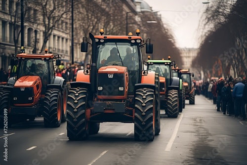 Farmers union protest strike against government Policy. People on strike protesting protests against tax increases. Tractors vehicles blocks city road traffic. © Rzk