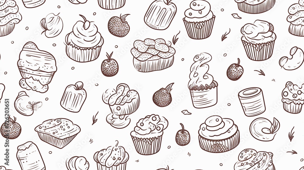 Cupcake doodle seamless pattern. Vector hand drawn illustration.
