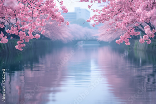 A tranquil, mist-covered lake surrounded by vibrant cherry blossoms in full bloom creates a serene, picturesque scene. photo