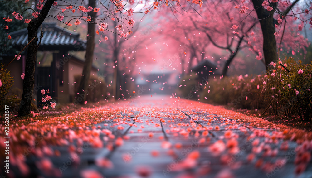 An empty lane mesmerizes with a canopy of cherry blossoms, with petals gently falling in the rain.. - obrazy, fototapety, plakaty 