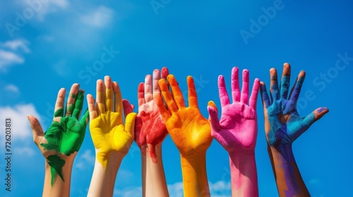 hands painted in different colors. multiracial concept. every color represent one skin race
