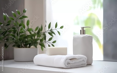  Cosmetic products and cotton towels, cotton pads with green plants on white table inside ceramic bathroom background. generative ai