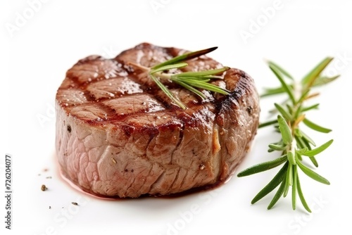 Grilled steak with rosemary isolated on white background