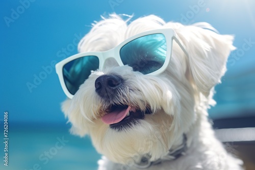 Portrait of a cute Maltese dog wearing sunglasses on the beach © Obsidian