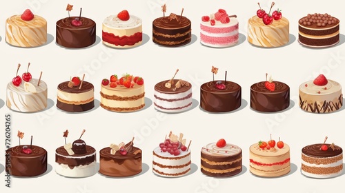 Seamless pattern of different types of cakes on white. Vector illustration.