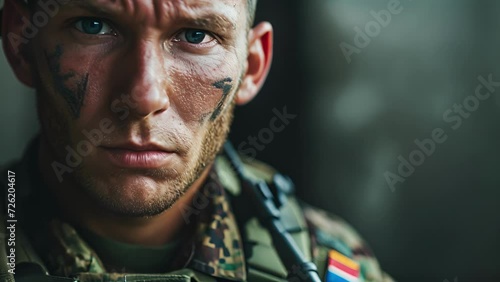 A soldier with a determined look in his eyes, his uniform adorned with patches and medals that tell the story of his service. photo