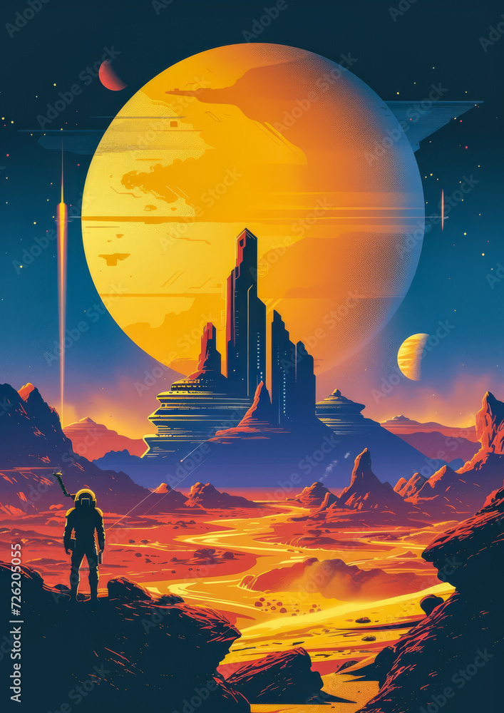 Naklejka premium Retrofuturistic advertising poster illustration with vibrant colors