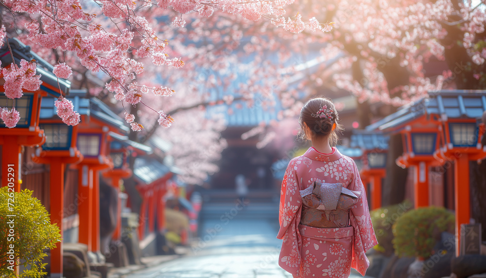 A graceful young woman in traditional kimono attire poses under a cherry blossom tree with a red parasol in a serene temple garden