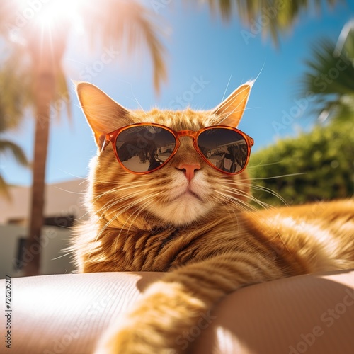 Orange cat wearing sunglasses on the background of the city