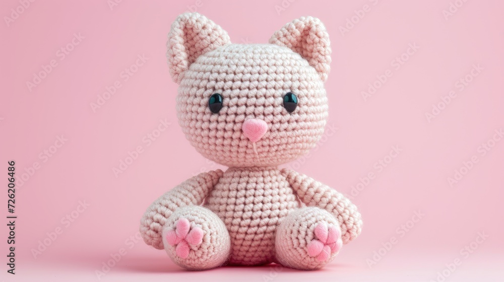 Obraz premium Crocheted kitty toy vibrant backdrop, handcrafted and adorable, Ai Generated