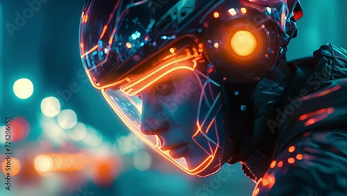 A holographic portrait of a streetwise courier with a cybernetic eye and neonlit bike helmet representing the fastpaced and hightech lifestyle of a courier in a cyberpunk photo