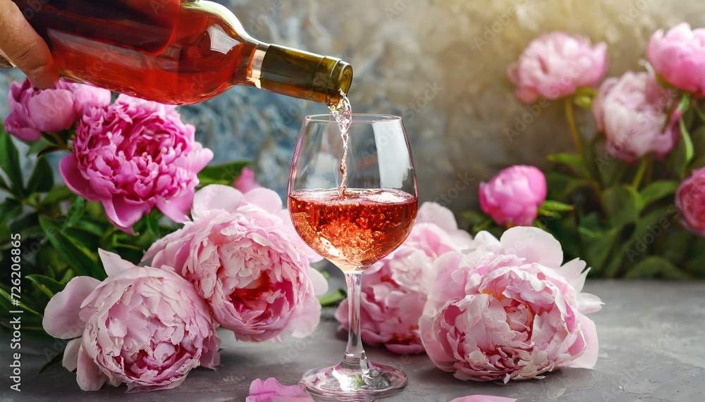 Still life with rose wine and pink flowers Still life with rose wine and pink flowers