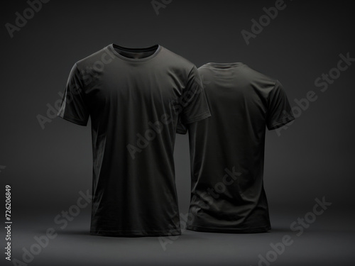 set of front and back black tee t shirt round neck black background. Generative AI