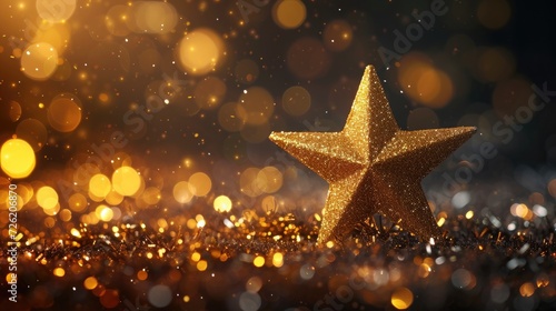 A golden Christmas star shines on a bokeh black background, enchanting, Ai Generated.