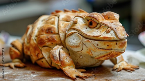 Unique bread loaf resembling an lizard resting on a wooden table, Ai Generated