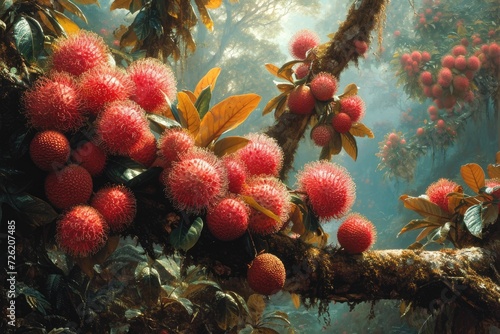 Exotic rambutan tree adorned with vibrant clusters, a tropical spectacle unfolds, Ai Generated. © Crazy Juke