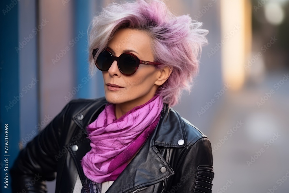 Fashionable young woman with pink hair wearing black leather jacket and sunglasses