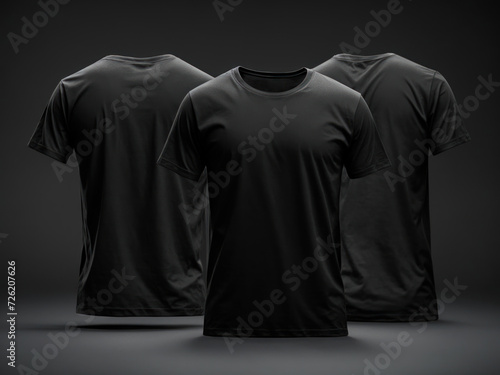 set of three black ghosted tee t shirt round neck black background,. Generative AI photo