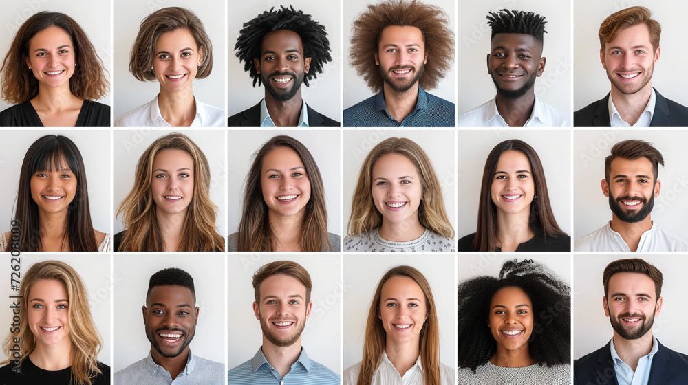 Many Headshots of a smiling men and women on a white background looking at the camera. Many Headshots of a smiling men and women on a white background looking at the camera.