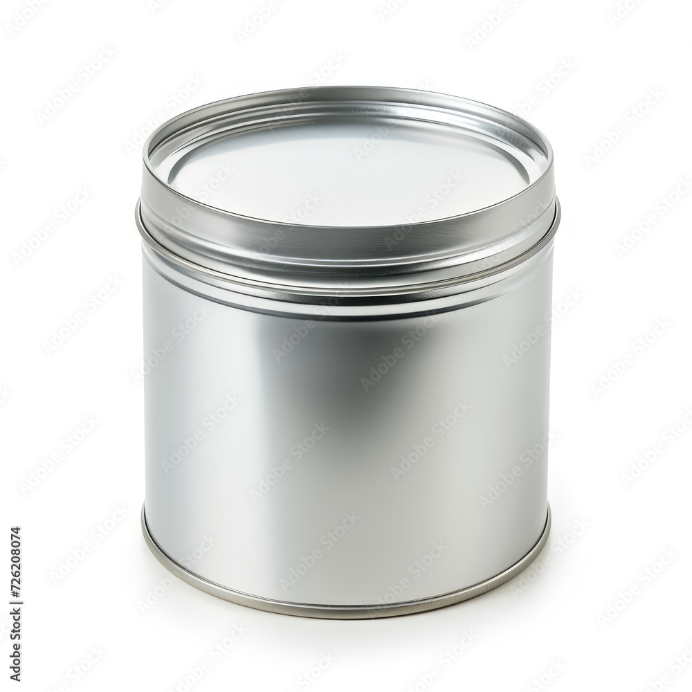 Modern metal tin can for packaged goods and food isolated on a white background, Ai Generated. Modern metal tin can for packaged goods and food isolated on a white background, Ai Generated.