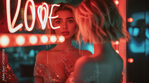 woman in a nightclub. Love yourself concept image with beautiful blonde woman looking herself in the mirror and glowing sign love yourself message. (ID: 726208038)