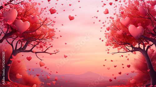 Trees with red heart shape leaves on branches. Fantasy forest, park on pink background with copy space for text. valentines.  (ID: 726208233)