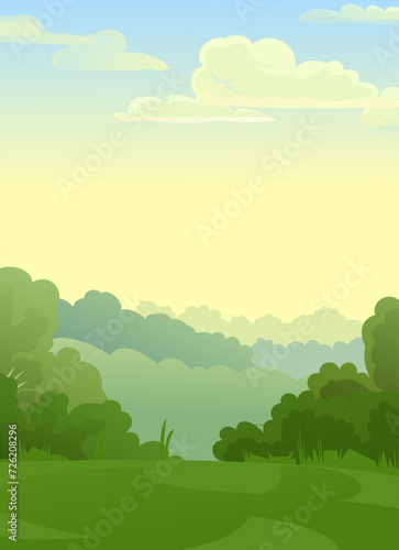 Summer landscape. Countryside. Fields and vegetable gardens. Funny cartoon style. Picture vector