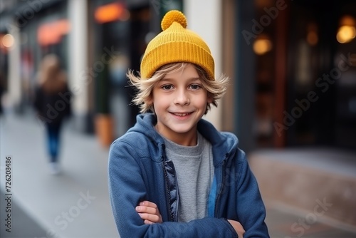 Portrait of a cute little boy in a hat on the street