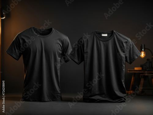 Set of two black t shirt round neck front in dark background studio. Generative AI photo