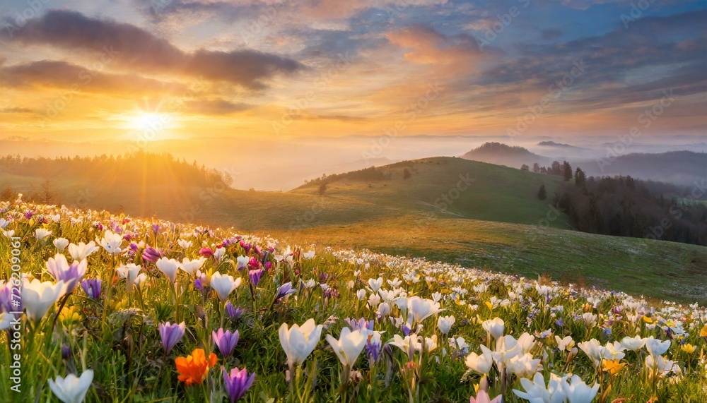 Flower field in the mountains with sunset - obrazy, fototapety, plakaty 