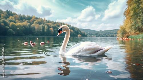 White swan gracefully floating on the lake with flowers