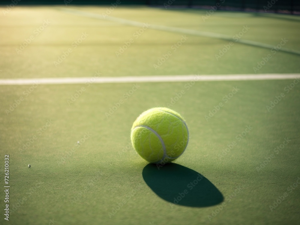 shot of a tennis ball lying on a court. Generative AI