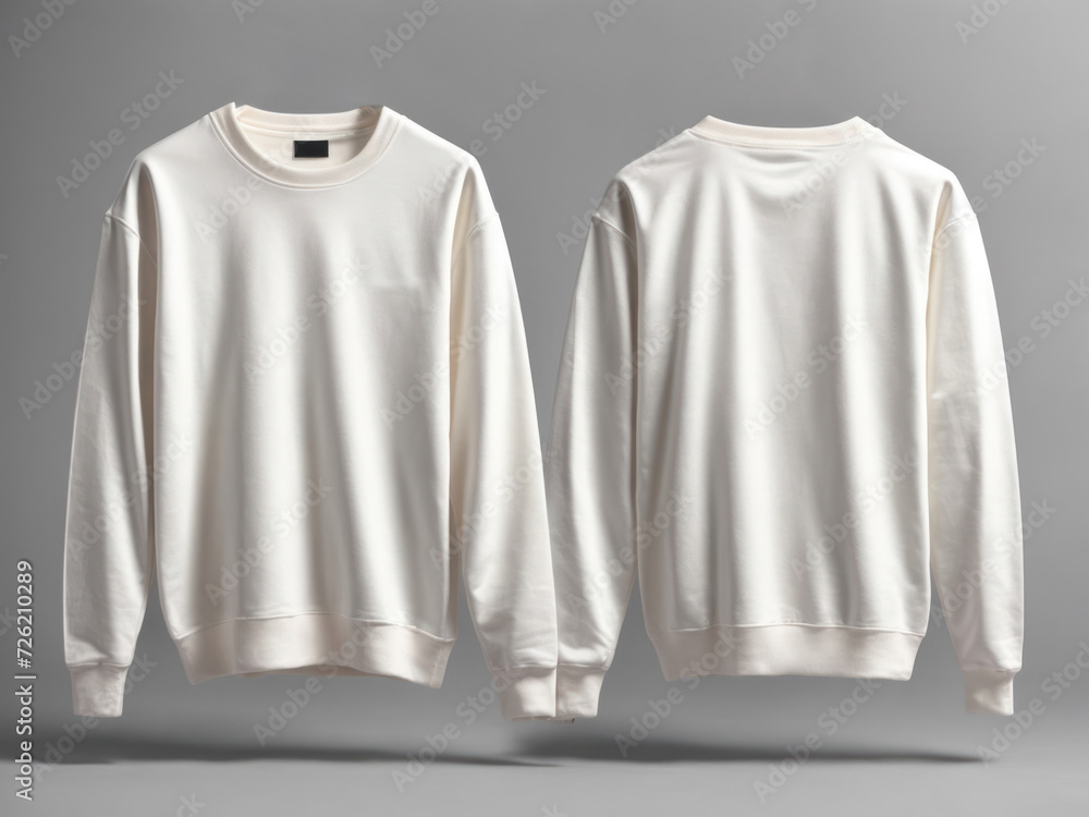 white full sleeve tshirt sweatshirt mockup, front and back on gray background. Generative AI white full sleeve tshirt sweatshirt mockup, front and back on gray background. Generative AI