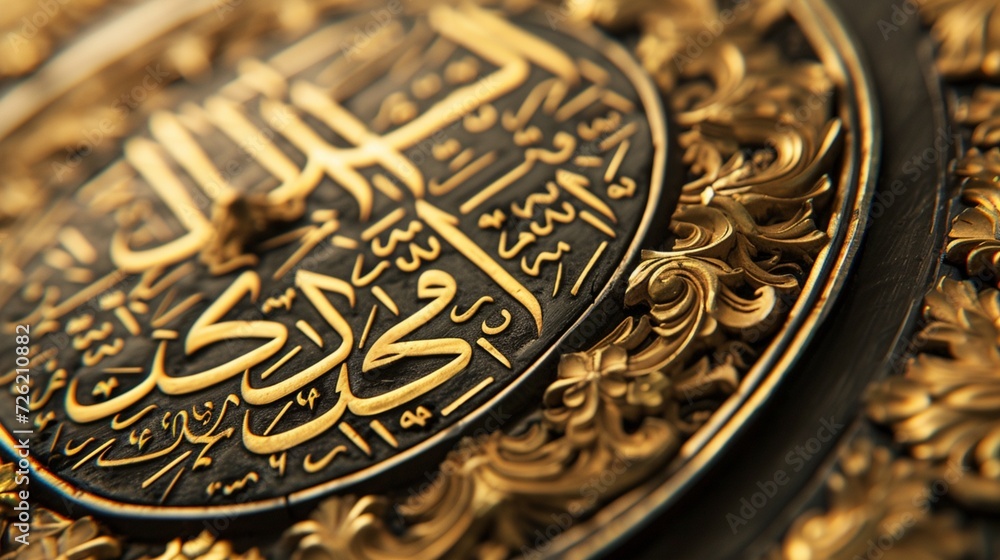 A close-up of calligraphic artwork on the walls of an Eid Masjid, showcasing verses from the Quran with exquisite craftsmanship.