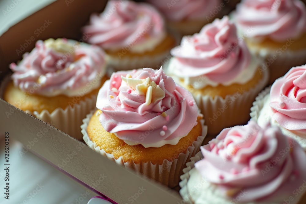 Selective focus on pink and white cream cupcakes with packaging Selective focus on pink and white cream cupcakes with packaging