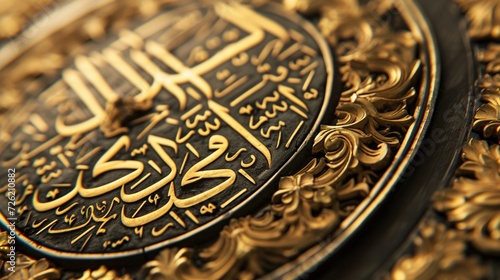 Obraz na płótnie A close-up of calligraphic artwork on the walls of an Eid Masjid, showcasing verses from the Quran with exquisite craftsmanship. w salonie