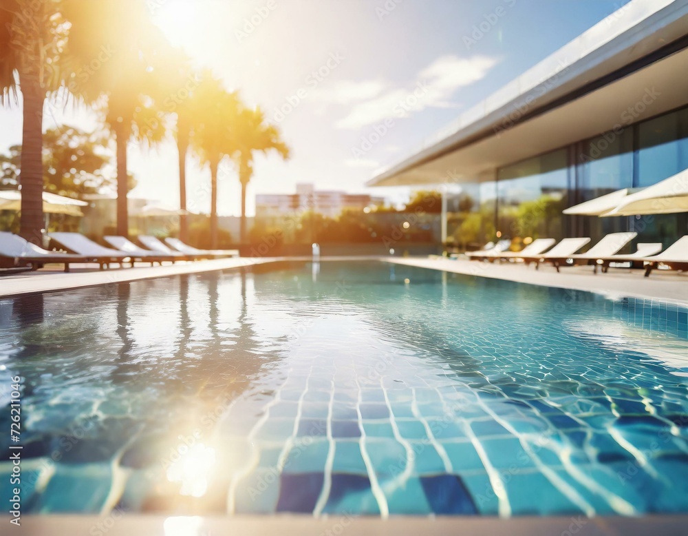 modern luxury hotel swimming pool with sun flare at shallow depth of field, background with bokeh effect