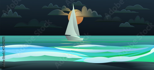 Sailing yacht white. Small sea vessel. Rides on waves. Quiet weather. Bright moonlit night on dark sky. Cartoon fun style. Flat design. Vector