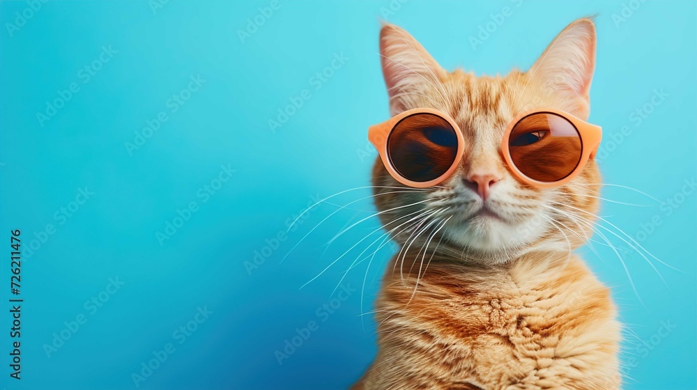 Closeup portrait of funny ginger cat wearing sunglasses isolated on light cyan.
