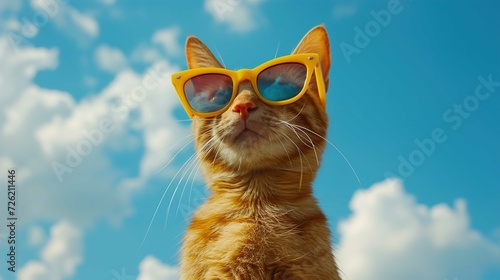 Closeup portrait of funny ginger cat wearing sunglasses isolated on light cyan. photo