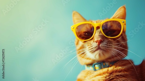 Closeup portrait of funny ginger cat wearing sunglasses isolated on light cyan. © Huong