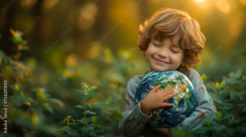 Fototapeta premium Child Embracing Globe in Nature.