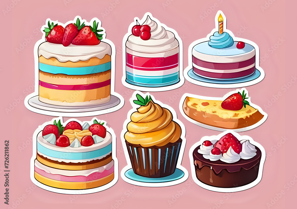 Cute stickers. White borders. Cake food and hdr color. cartoon style Cute stickers. White borders. Cake food and hdr color. cartoon style