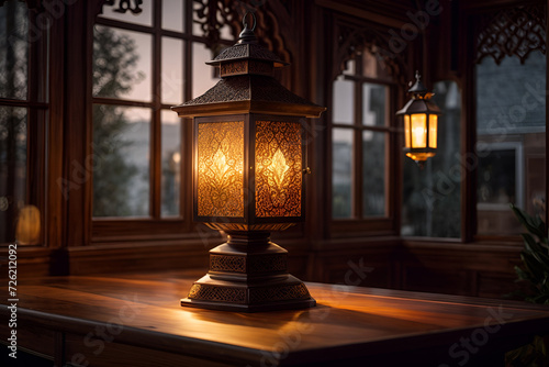 a lantern sitting on top of a wooden table