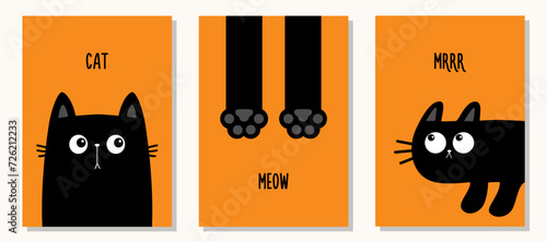 Peeking from the corner kitten, paw print, hands. Meow, Mrrr text template. Black cat greeting card banner set. Cute kawaii cartoon funny boo pet baby character. Flat design. Orange background.