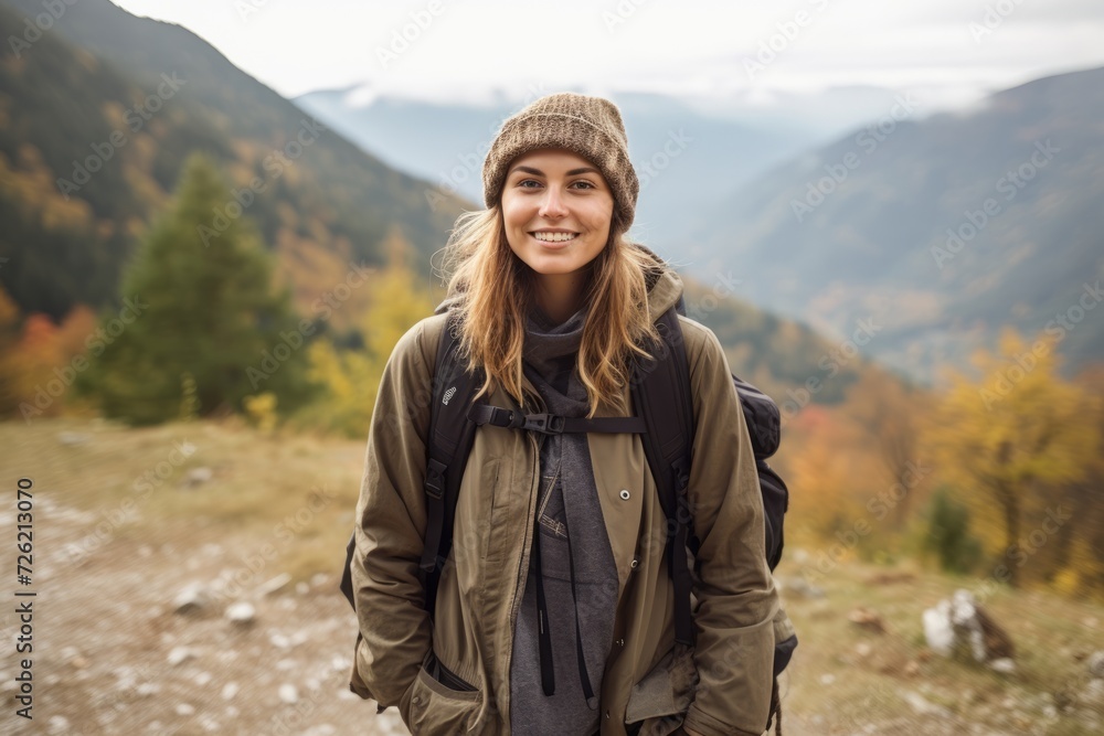 Happy young woman hiker with backpack hiking in autumn mountains. Hiker looking at camera.
