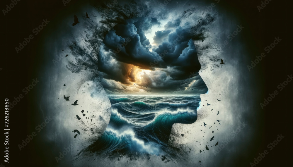 Outline filled with a stormy sea, depicting inner turmoil Outline filled with a stormy sea, depicting inner turmoil